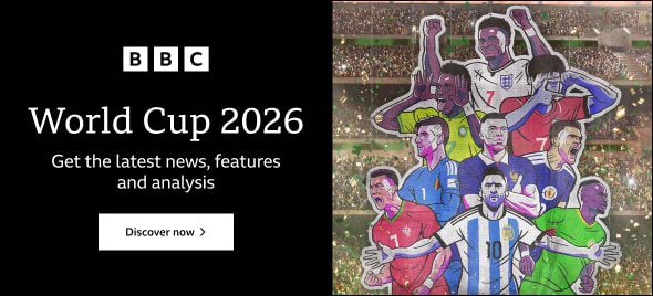 Sketch shows nine different football players in the center of a blurred stadium crowd. Text reads: World Cup 2026: Get the latest news, features and analysis